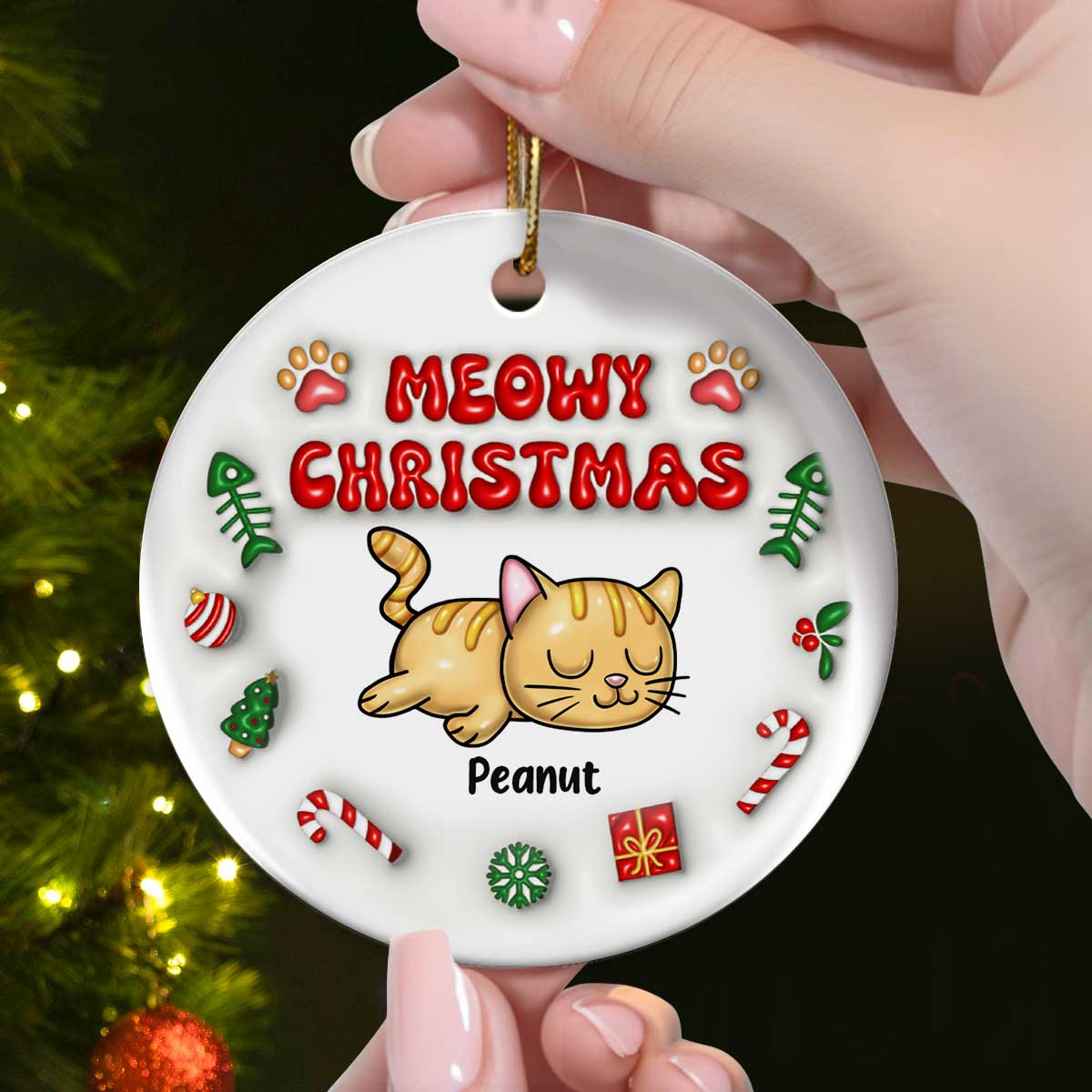 3D Inflated Meowy Christmas Sleeping Cats Personalized Ceramic Ornament, Christmas Gift For Cat Lovers