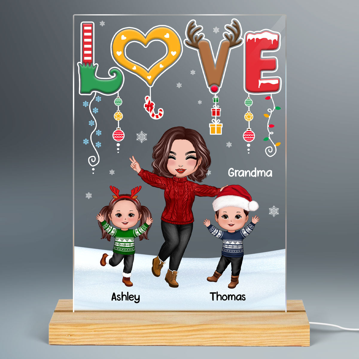 LOVE Happy Christmas Doll Grandma Mom With Kids Personalized Rectangle Acrylic Plaque LED Night Light