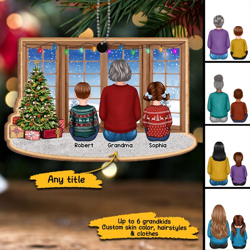 Grandma Grandkids Sitting By Window Christmas Personalized Wooden Ornament