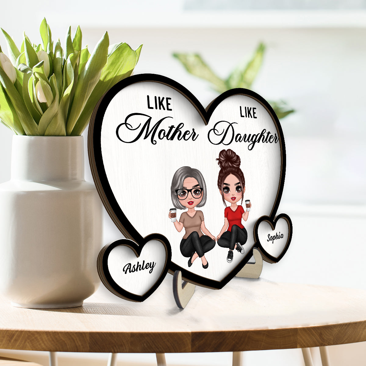 Like Mother Like Daughter Sitting Hearts Personalized 2-layer Wooden Plaque