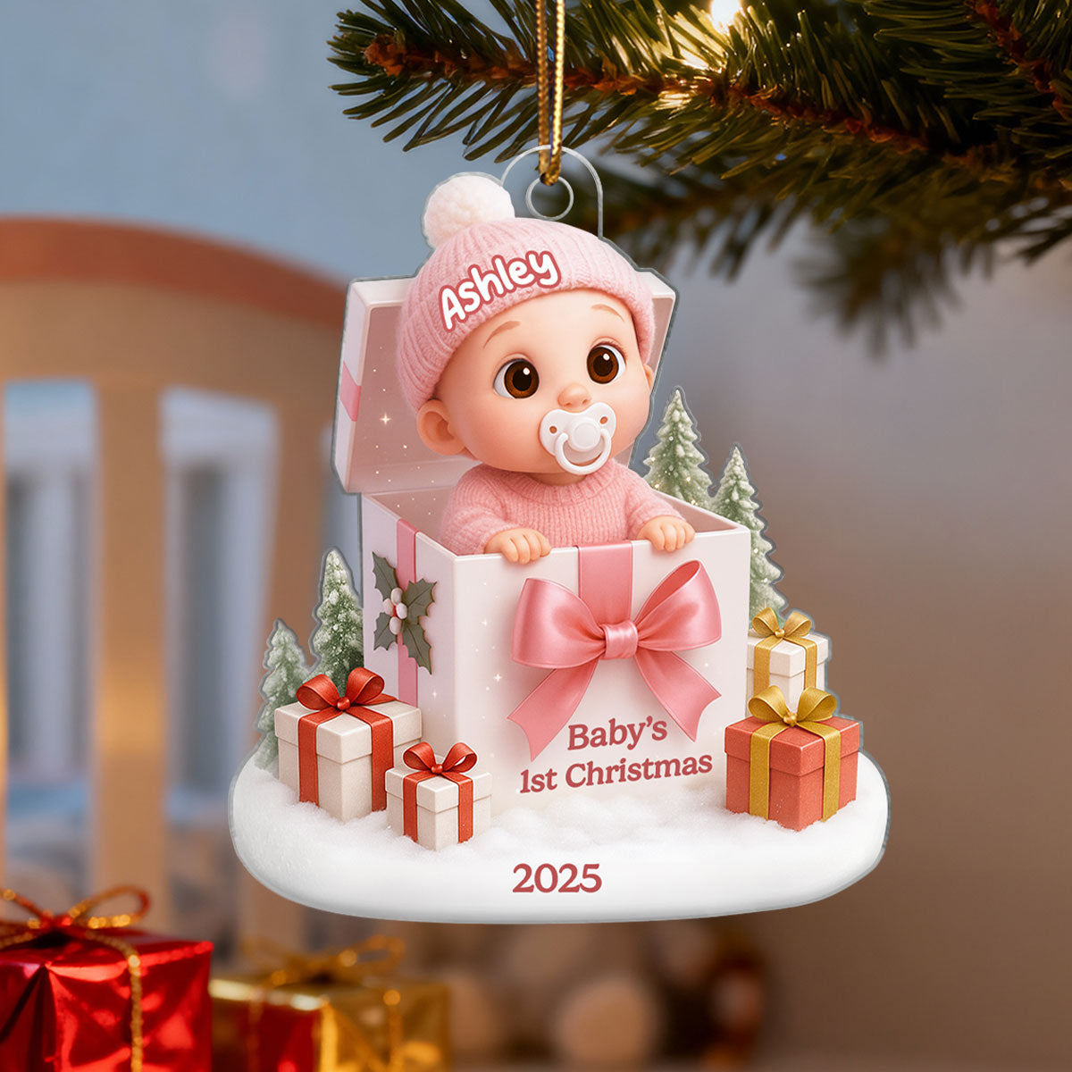 Baby's 1st Christmas Gift Box - Personalized Acrylic Ornament - Christmas Keepsake for Baby, Newborn, Nursery Lamp