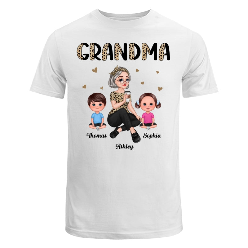 Half Leopard Pretty Cartoon Grandma & Doll Kids Personalized Shirt
