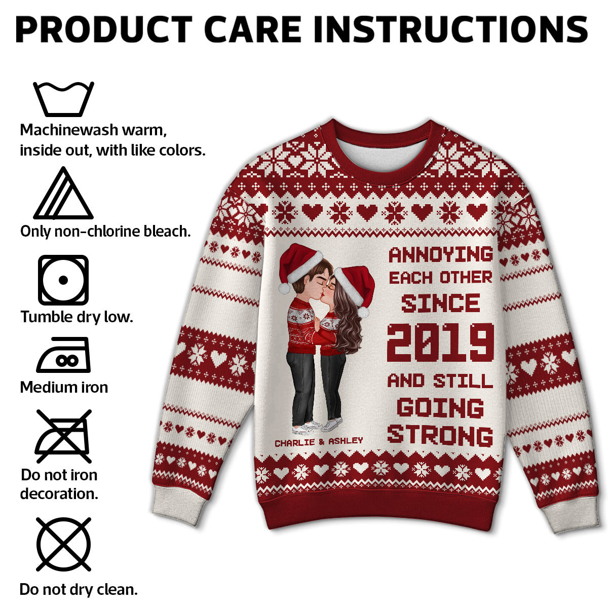 Christmas Hugging Kissing Couple Personalized Faux Knitting Ugly Sweater, Gift For Him, For Her