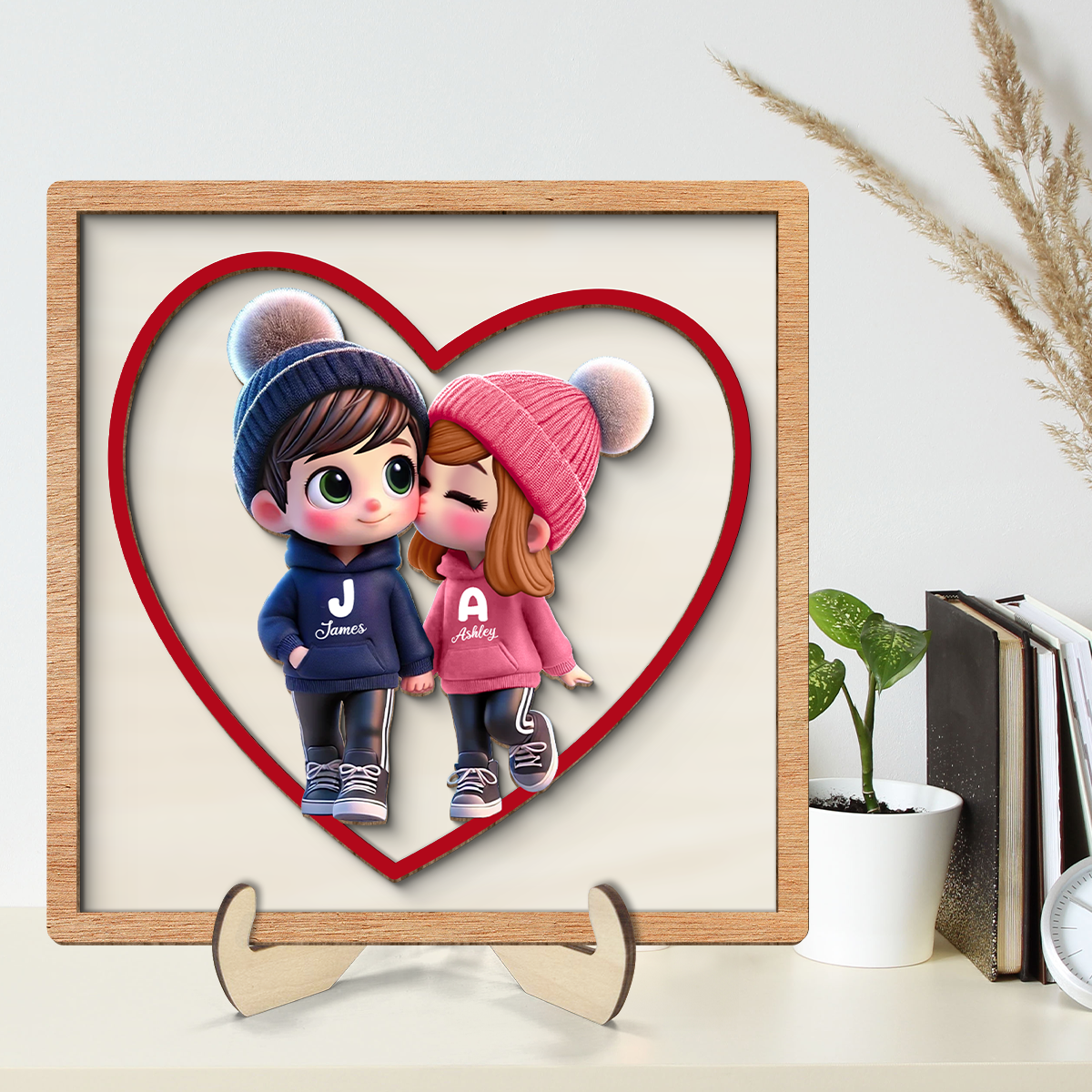 3D Effect Personalized Initials Heart Sign Personalized 2-Layered Wooden Plaque, Cute Cartoon Couple Walking, Tiered Tray Valentines Signs or Shelf Signs