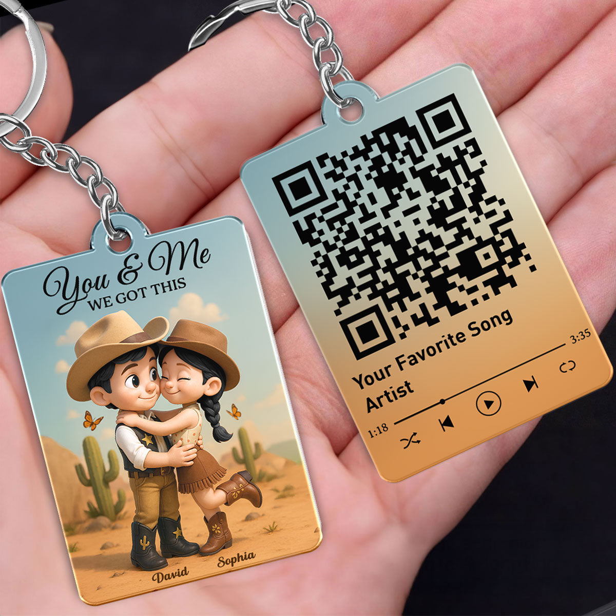 Cartoon Style Countryside Couple Cowboy Cowgirl Favorite Song QR Code Personalized Acrylic Keychain