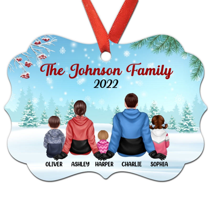 Winter Family Sitting In Snow Berry Branch Personalized Christmas Ornament