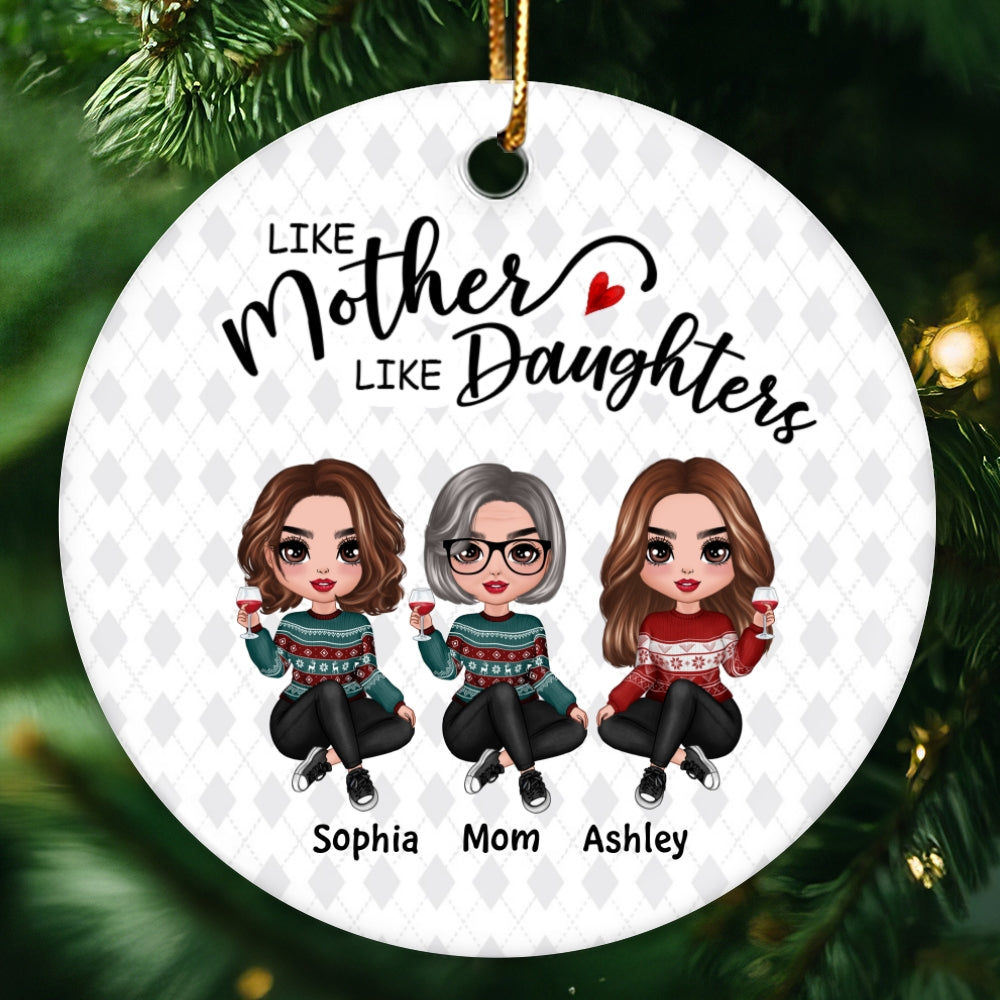 Doll Women Like Mother Like Daughters Rhombus Sweater Pattern Personalized Circle Ornament
