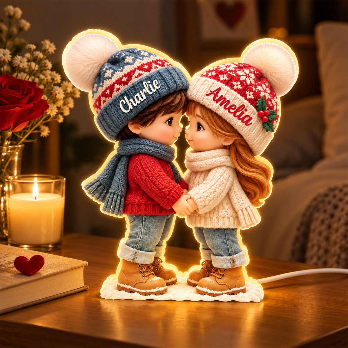 Cute Cartoon Couple Holding Hands - Personalized Light Box - Anniversary Christmas Gift for Her, for Him