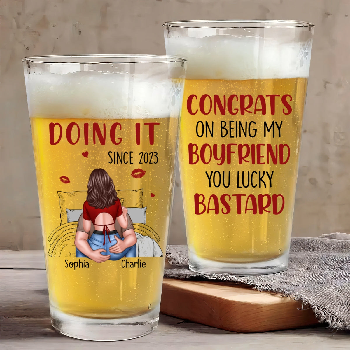 Congrats On Being My Husband Man Embracing Woman Back View Personalized Beer Glass