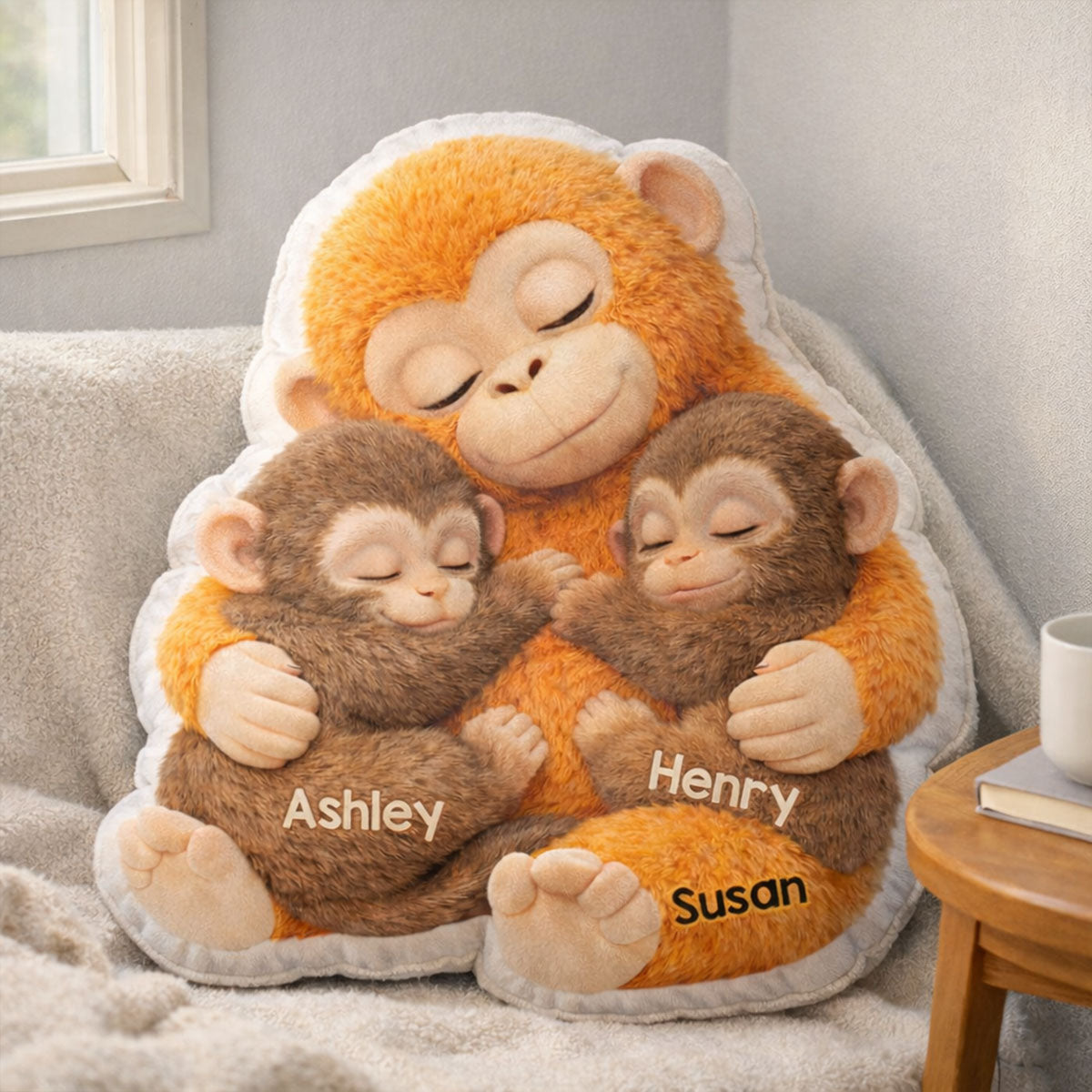 Mother Monkey & Children, Baby Monkey Punch - Personalized Faux Fur Custom Shaped Pillow - Heartfelt Mother's Day Gift for Mom, Wife