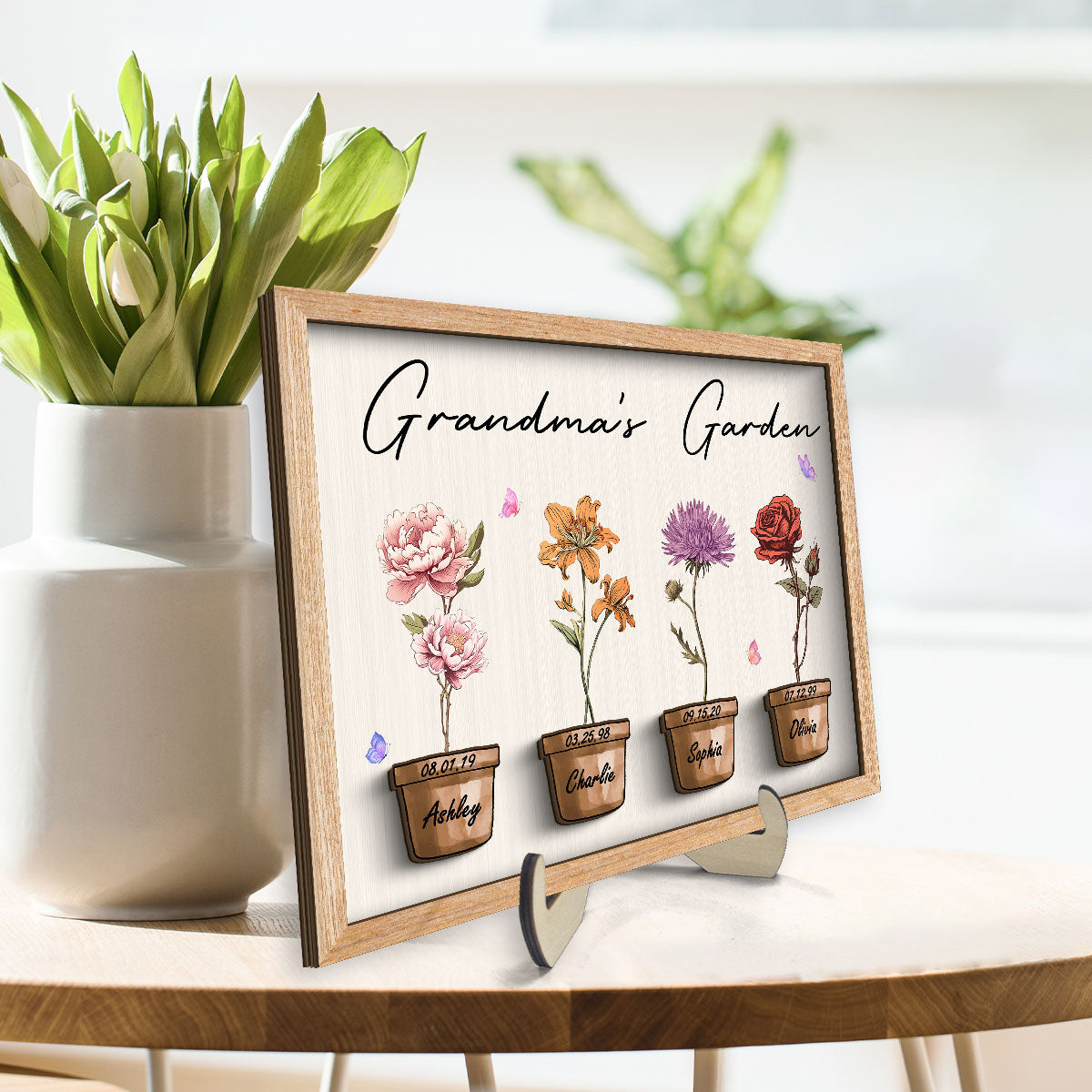 Grandma Garden Vintage Birth Month Flowers Pots Mother‘s Day Gift Personalized 2-Layer Wooden Plaque