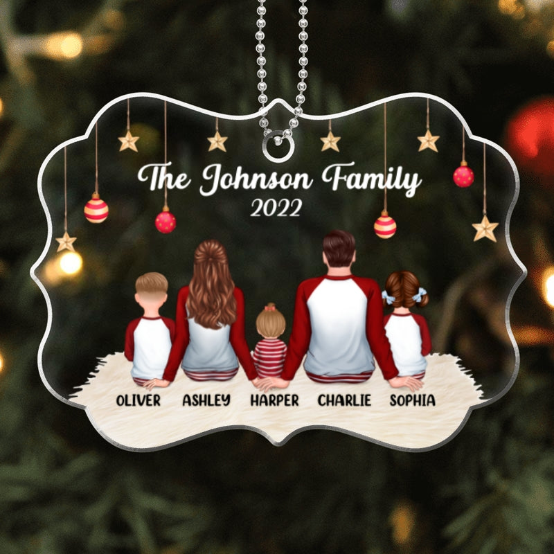 Back View Pajamas Family Dad Mom Kids Dogs Cats Personalized Acrylic Ornament
