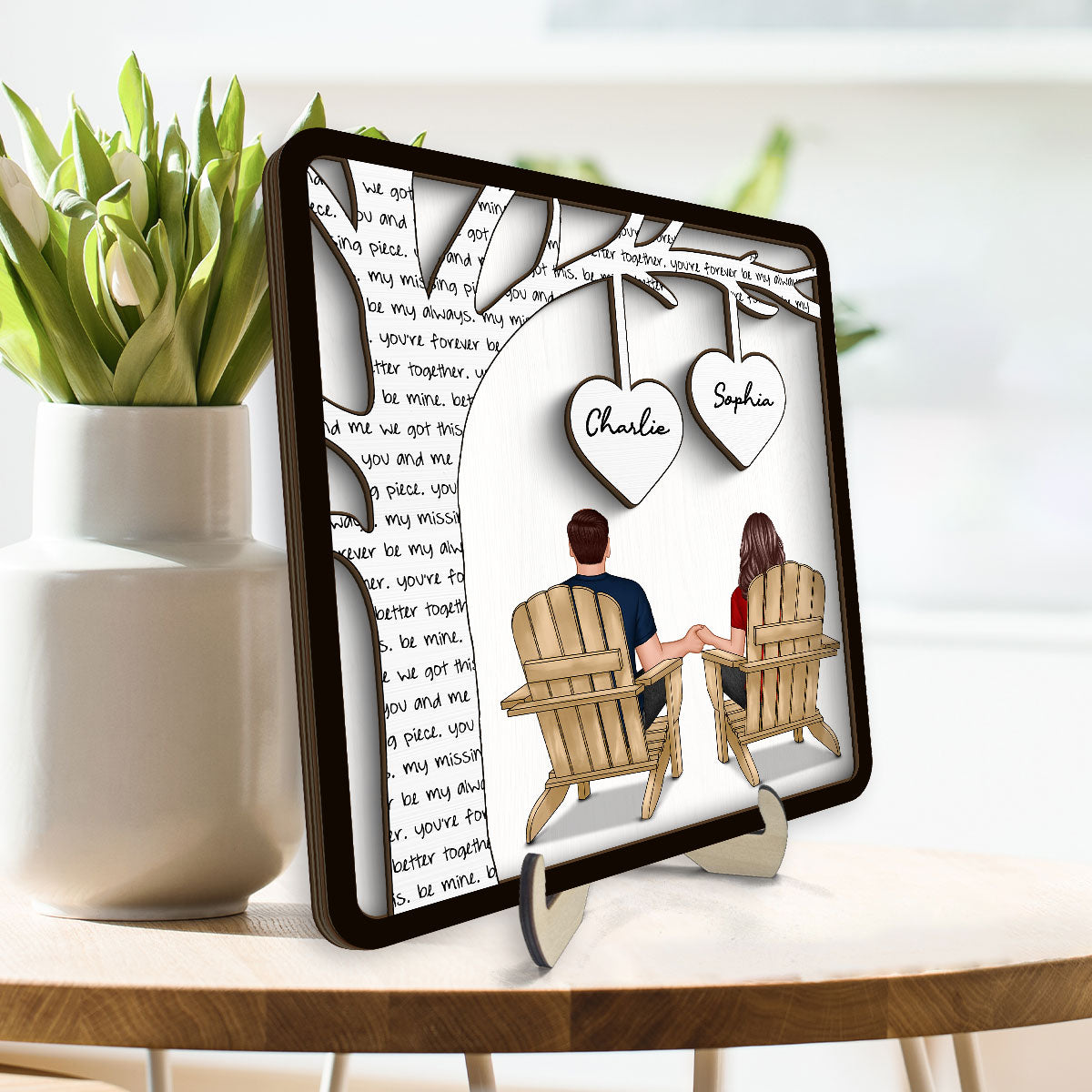 Couple Sitting Back View Under Text Tree Personalized 2-layer Wooden Plaque,  Gift For Him, For Her