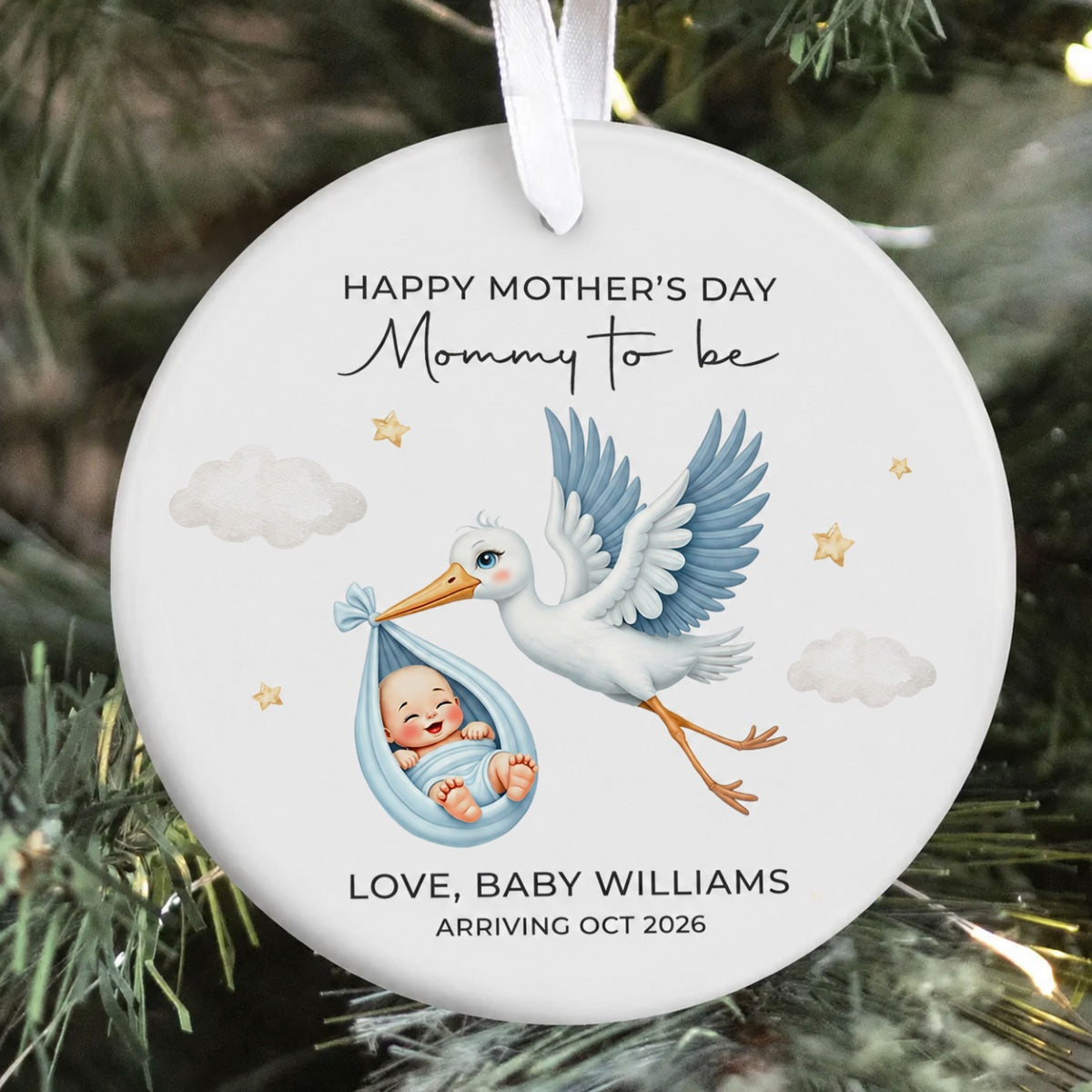 Cute Stork And Baby Mommy to be, Personalized Ceramic Ornament, Heartfelt First Gift for Pregnant Mom
