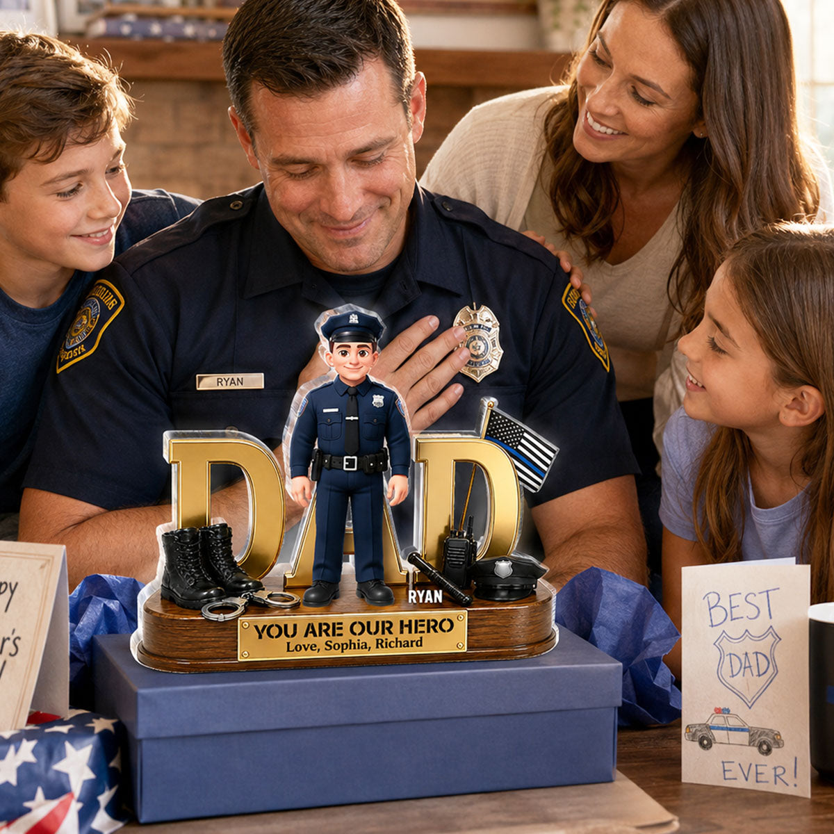 Proud American Police Dad You Are Our Hero Thin Blue Line 2D Flat - Personalized Acrylic Block Plaque - Father's Day Gift For Dad