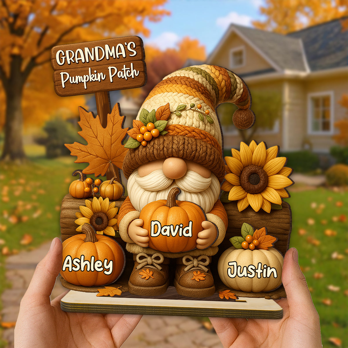Gnome Grandma's Pumpkin Patch Personalized Standing Wooden Plaque, Fall Decor for Grandma