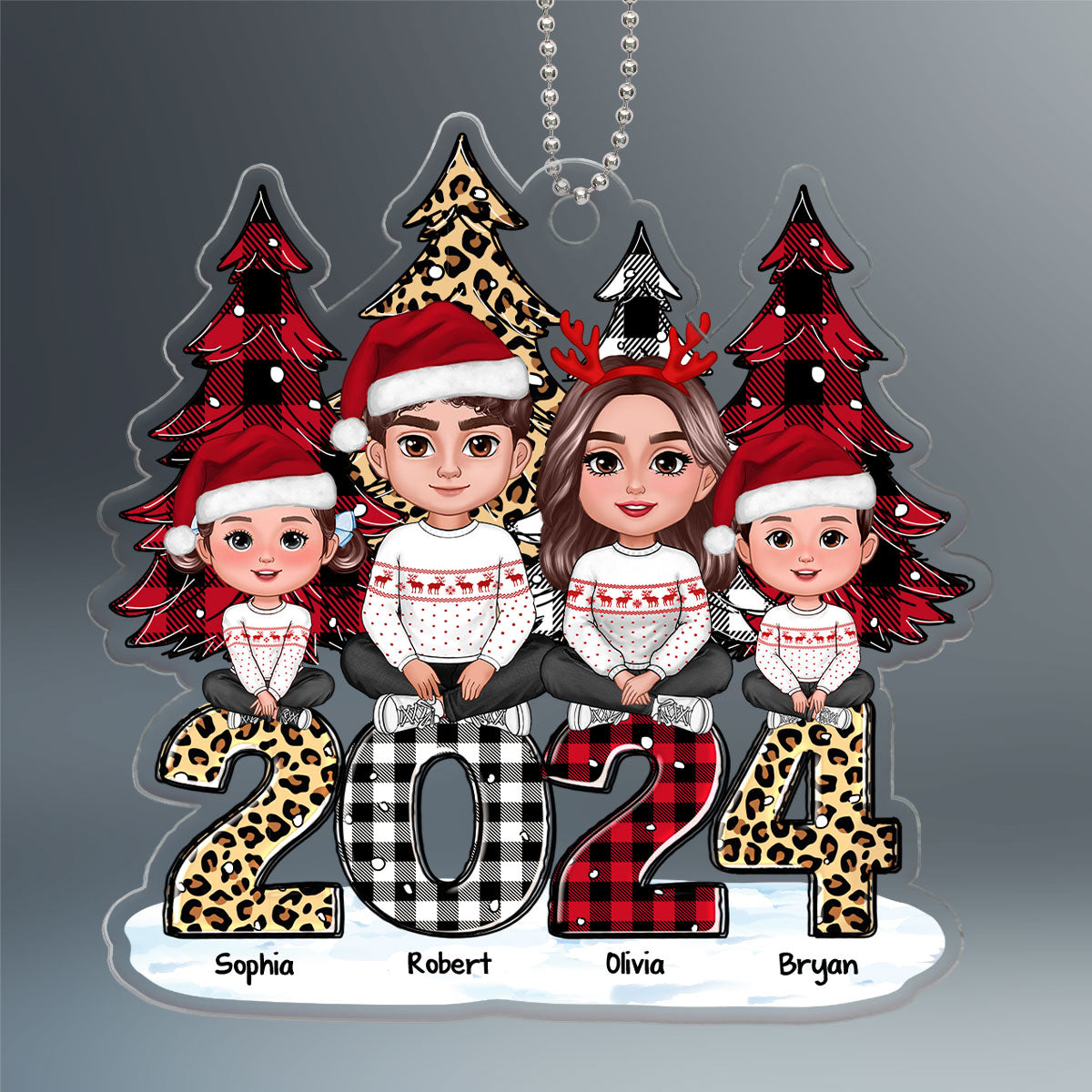Leopard Checkered Pattern Christmas 2024 Tree Family Personalized Acrylic Ornament