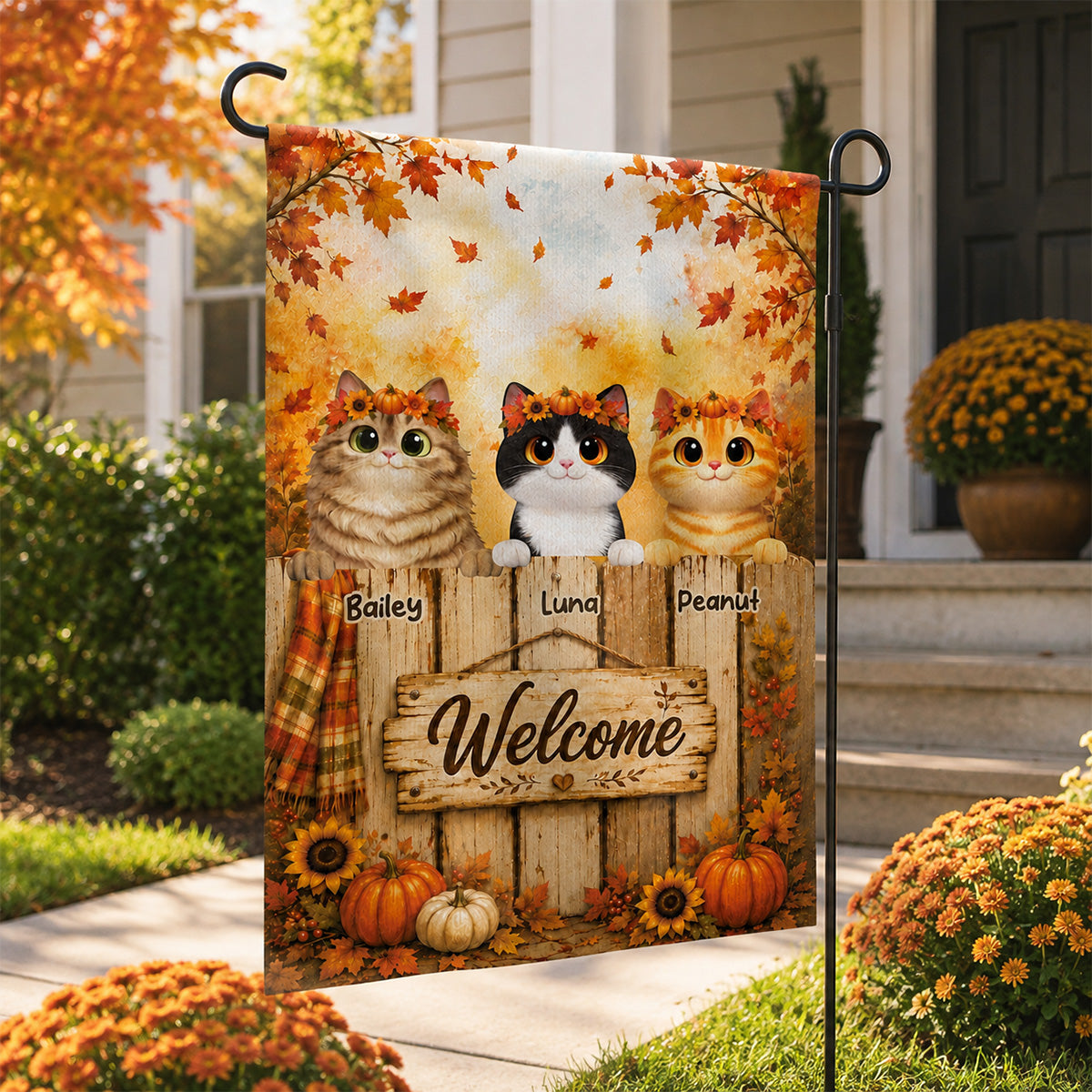 Cozy Fall Welcome Cats Peeking On Fence - Personalized Garden Flag - Fall Season Decoration