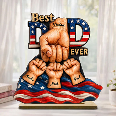 American Dad And Kids Fist Bump - Personalized 2-Layered Wooden Plaque - Father's Day Gift For Dad, Husband