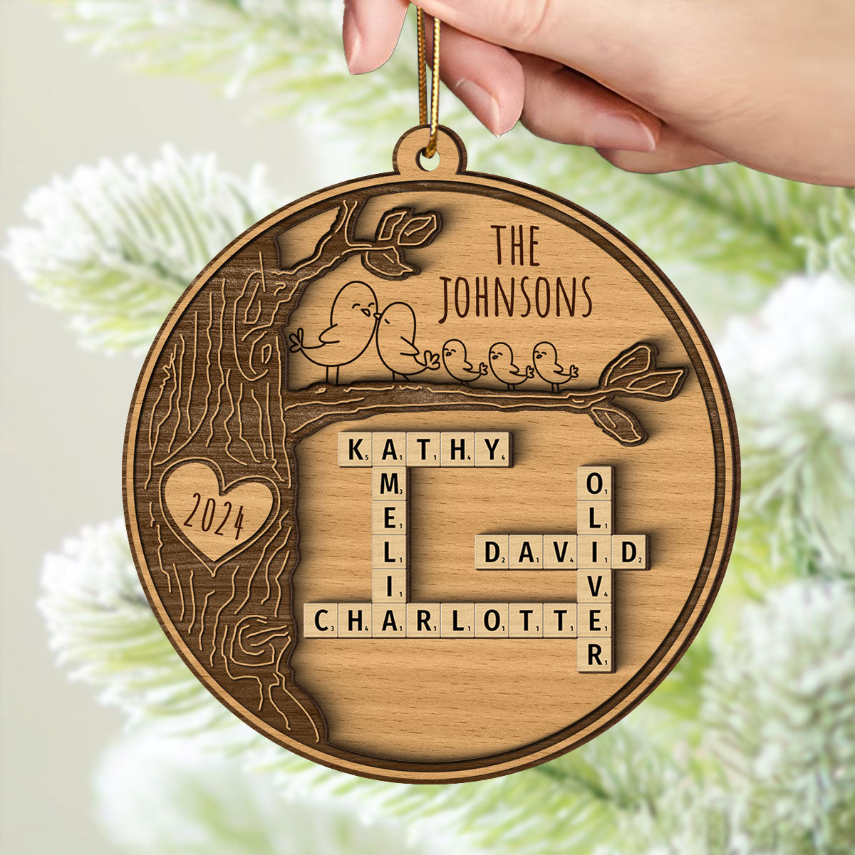 Family Tree Crossword Puzzle Art, Personalized 2-Layered Wooden Ornament