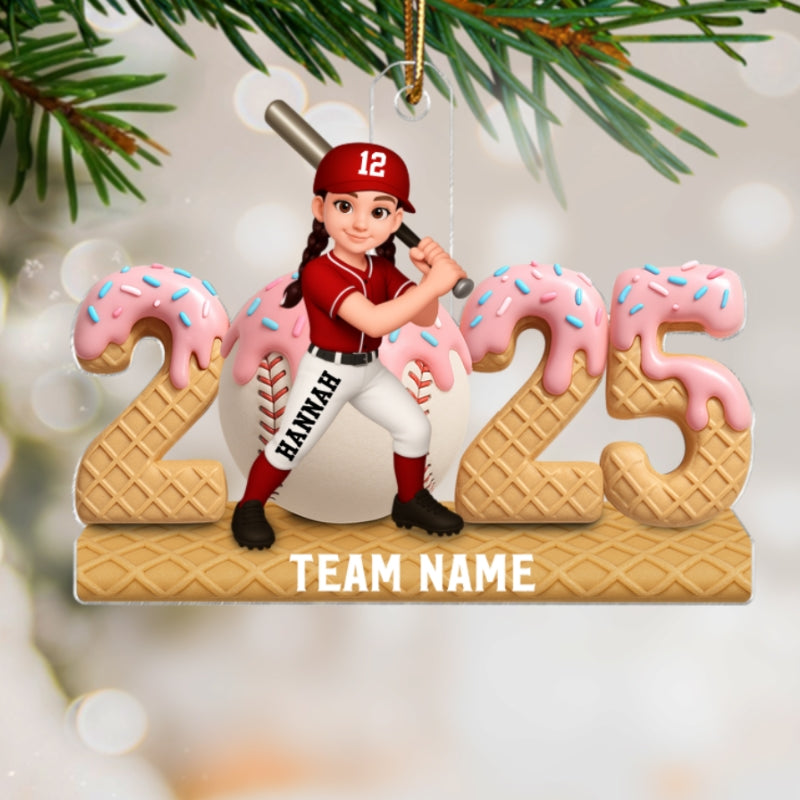 3D Effect Ice Cream Drip Sprinkles Teen Girl Boy Baseball Player - Personalized Acrylic Ornament - Christmas Gift For Kids, Granddaughter, Grandson, Daughter, Son