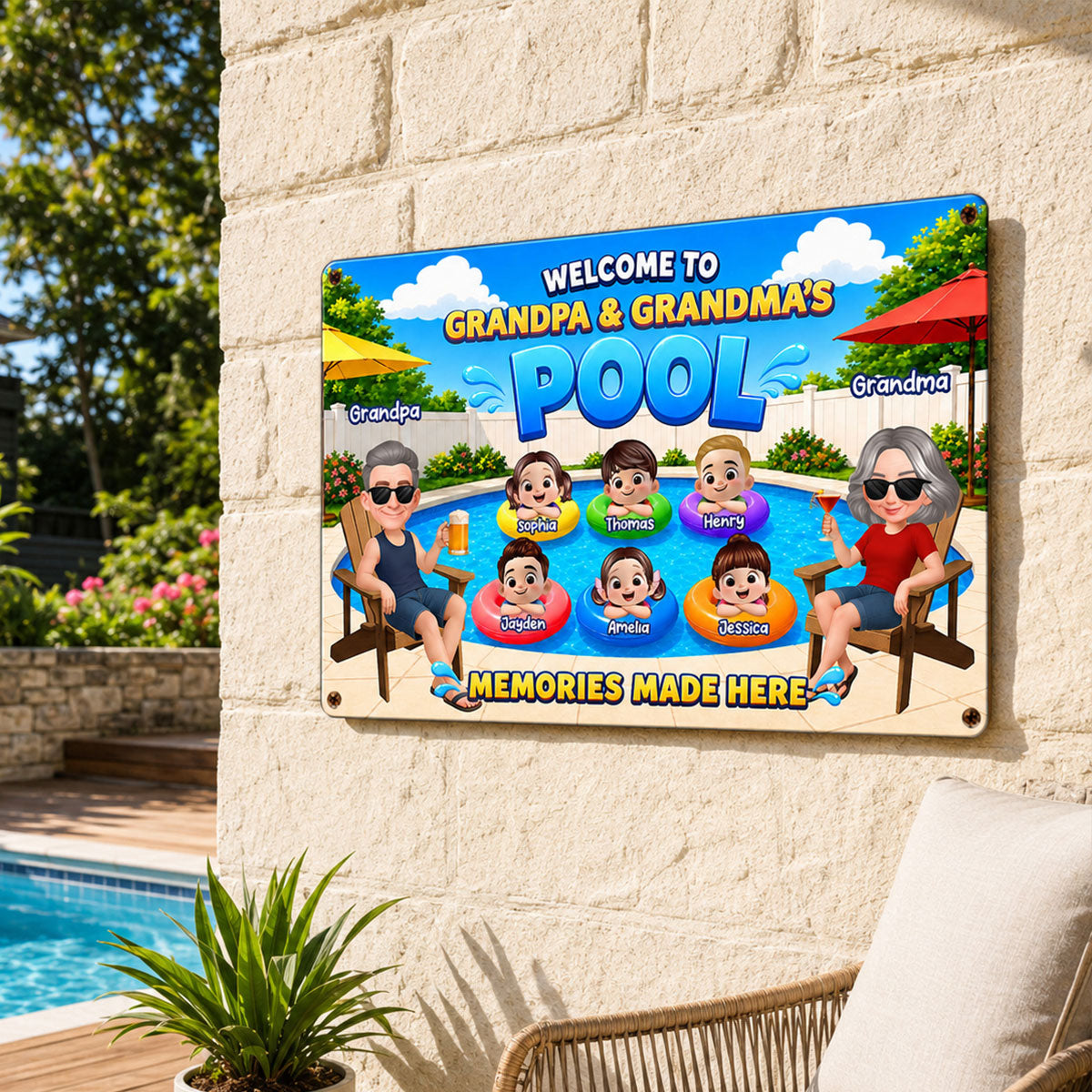 Welcome To Grandma Grandpa Pool Summer - Personalized Metal Sign - Gift For Grandparents, Summer Decoration