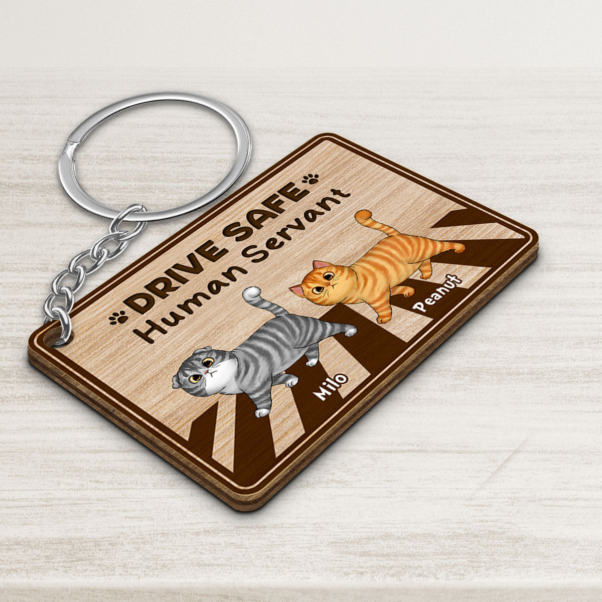 Drive Safe Human Servant Walking Fluffy Cat Cross Road Personalized Wooden Keychain
