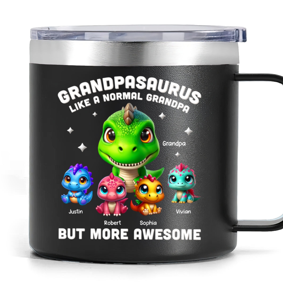 3D Effect Dinosaurs Daddysaurus Grandpasaurus Personalized Stainless Tumbler With Handle, 2025 Father's Day Gift For Grandpa