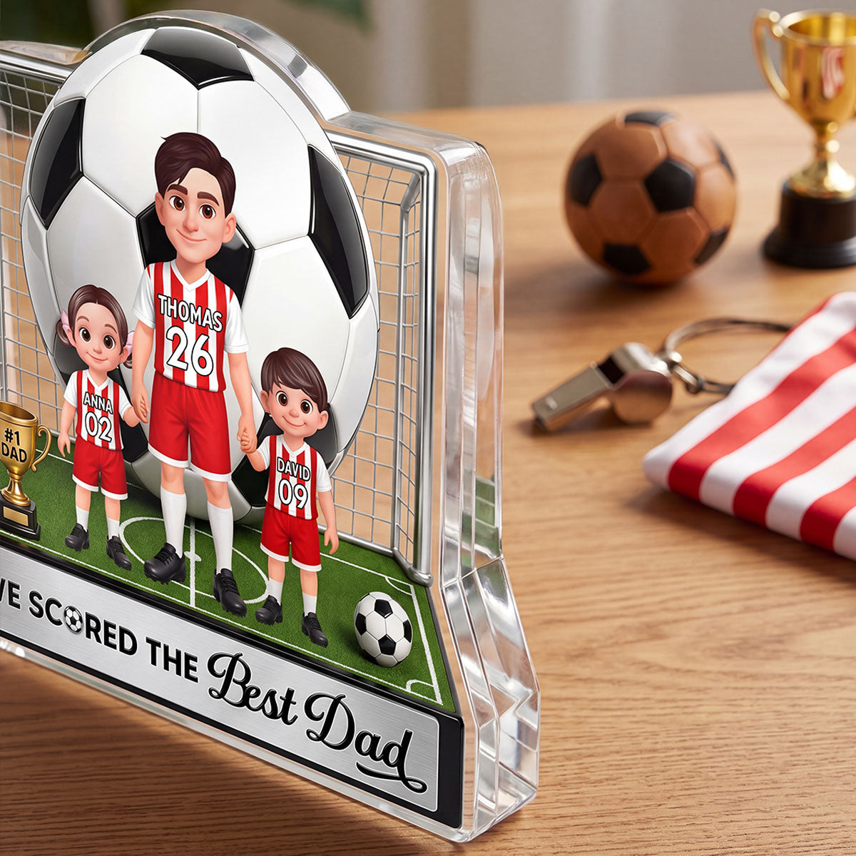 No 1 Soccer Dad And Kids We Scored The Best Dad 2D Flat Printed - Personalized Acrylic Block Plaque - Father's Day Gift For Dad, Husband, Soccer Football Fans