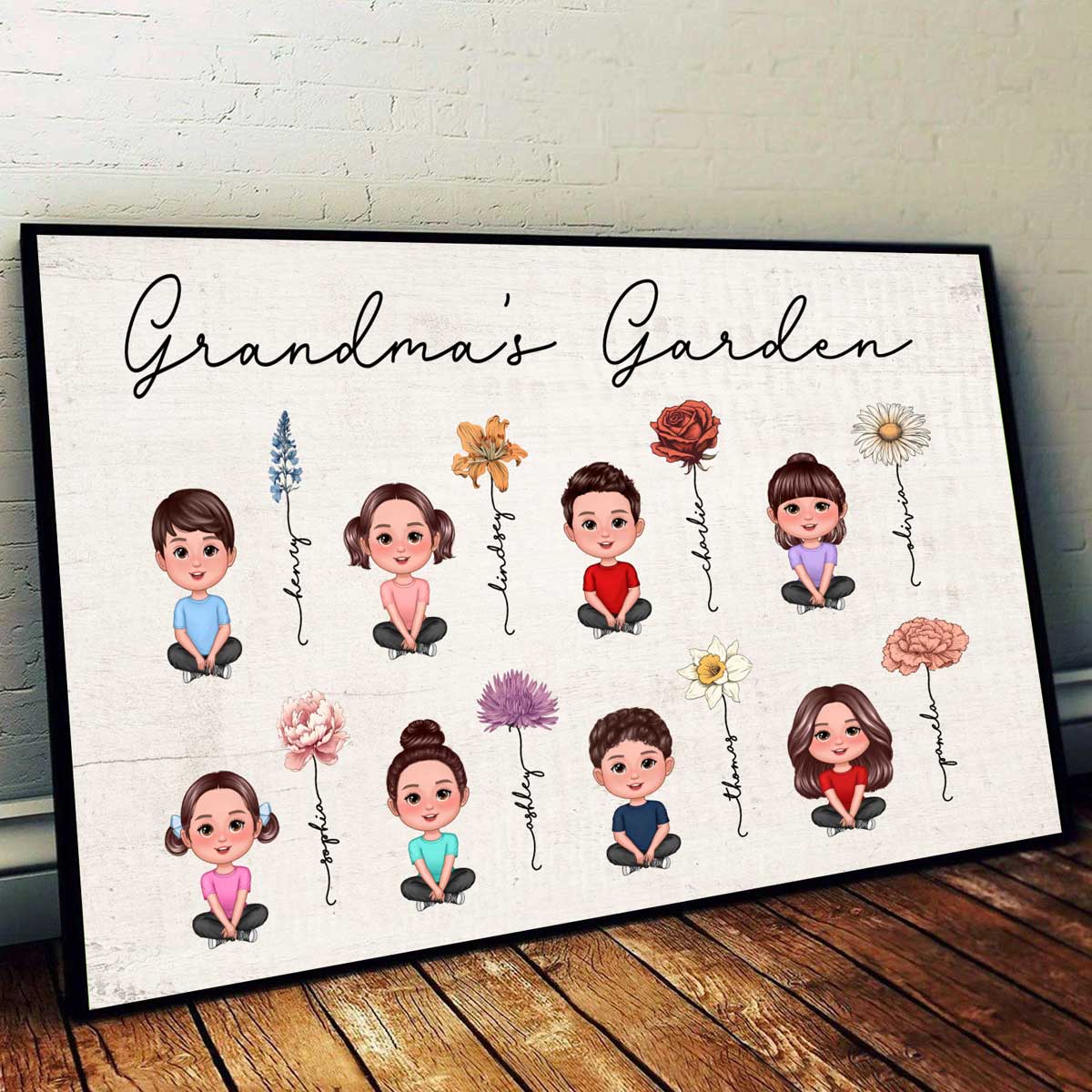 Grandkids Sitting Crossed Legs Grandma Garden Vintage Birth Month Flowers Mother‘s Day Gift Personalized Horizontal Poster