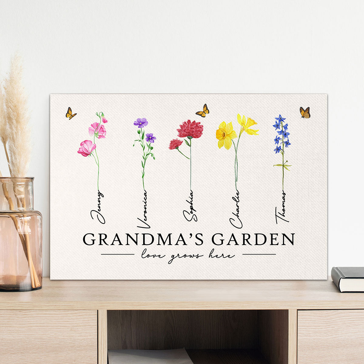 Grandma‘s Garden Love Grows Here Watercolor Birth Month Flower Gift For Grandma Mom Personalized Canvas Print