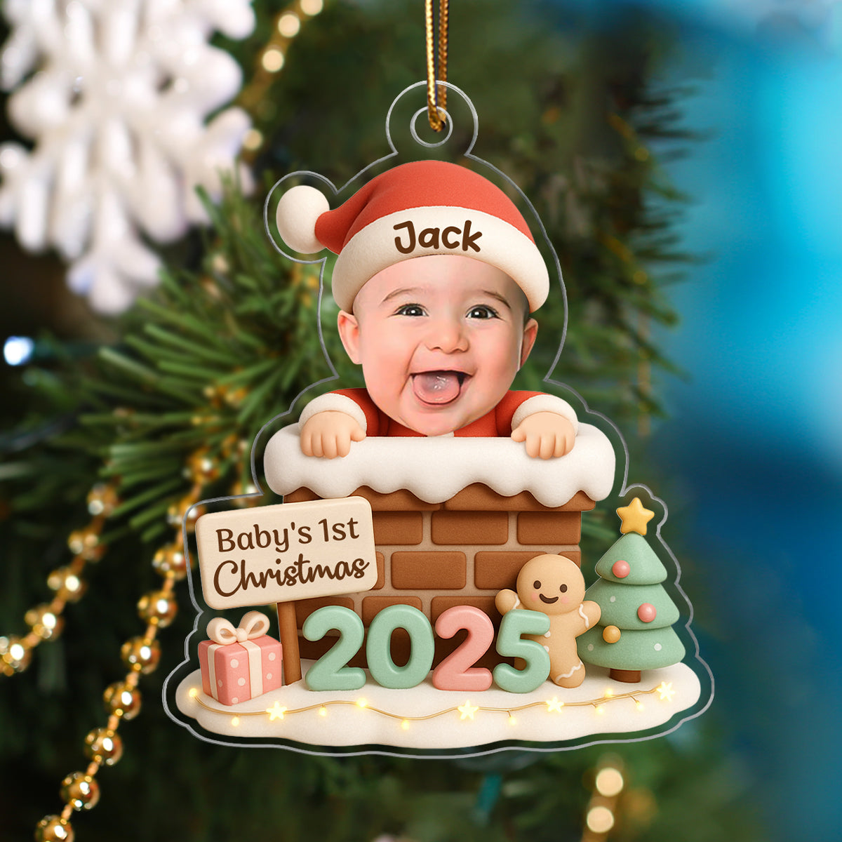 Santa Baby With Chimney Personalized Acrylic Ornament, Baby's 1st Christmas, Christmas Gift for Children, Grandchildren