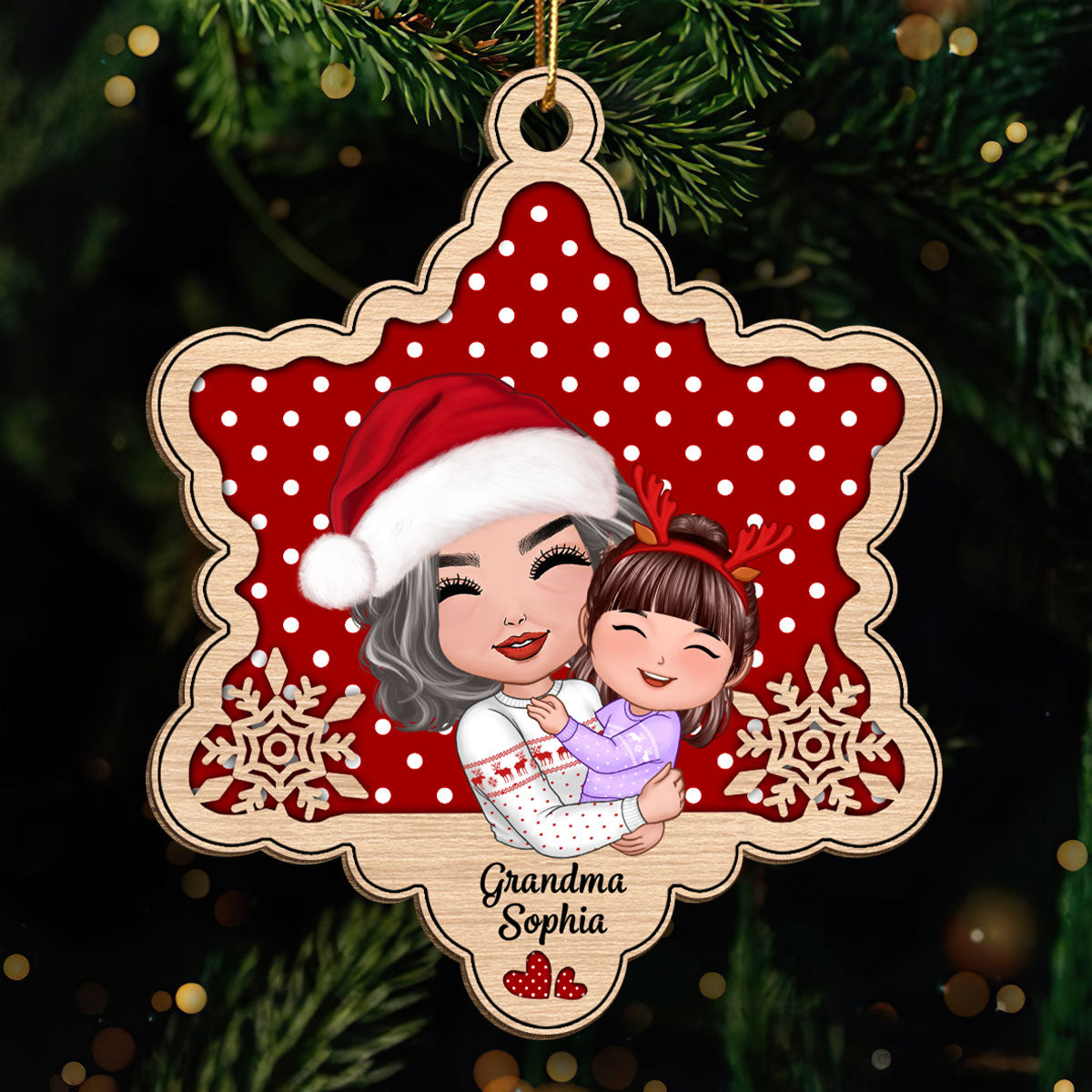 Doll Grandma Hugging Granddaughter Grandson Snowflake Personalized Wooden Ornament