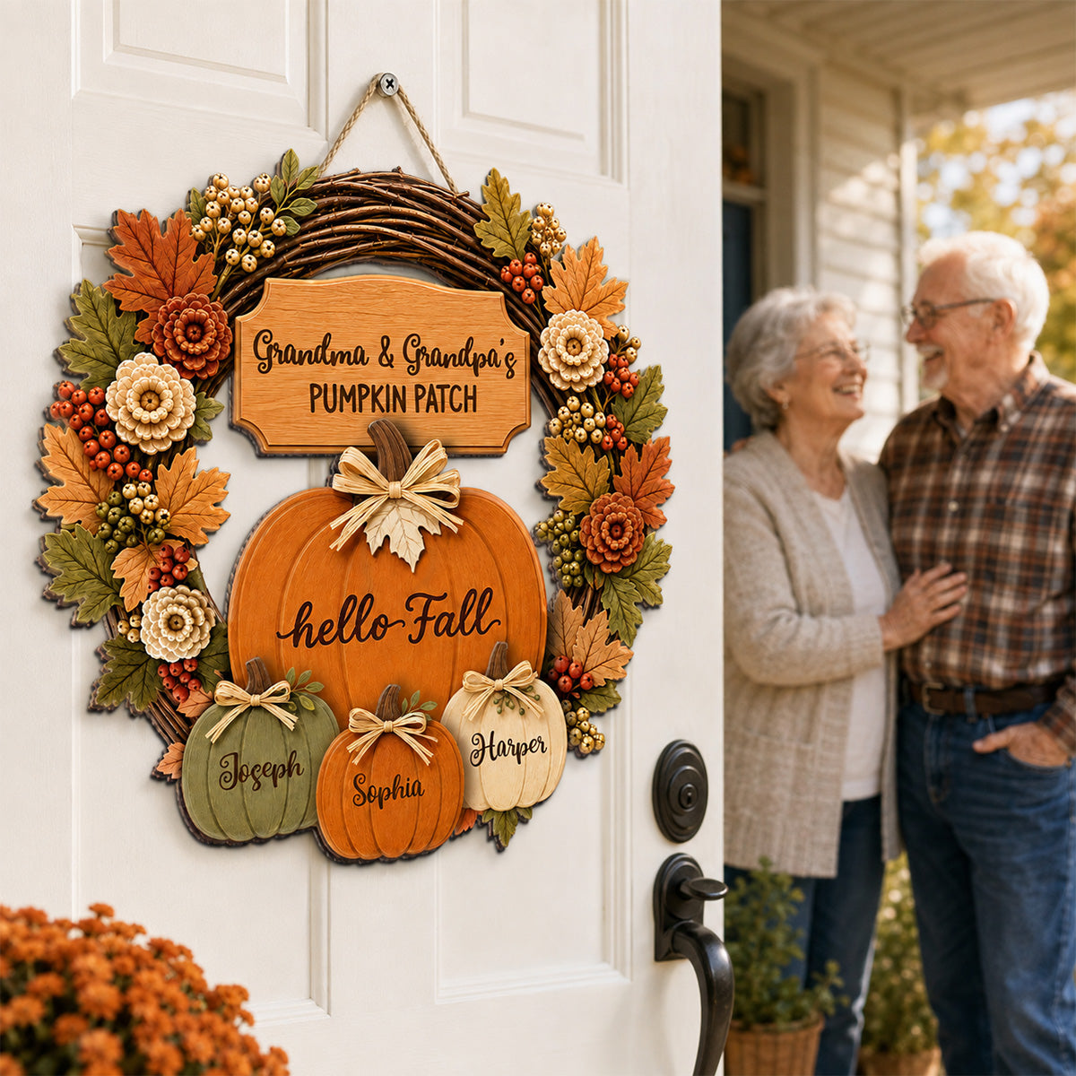 Grandma Grandpa's Pumpkin Patch Wreath Style 2D Flat Printed - Personalized Door Hanger - Fall Season Decor For Grandparents