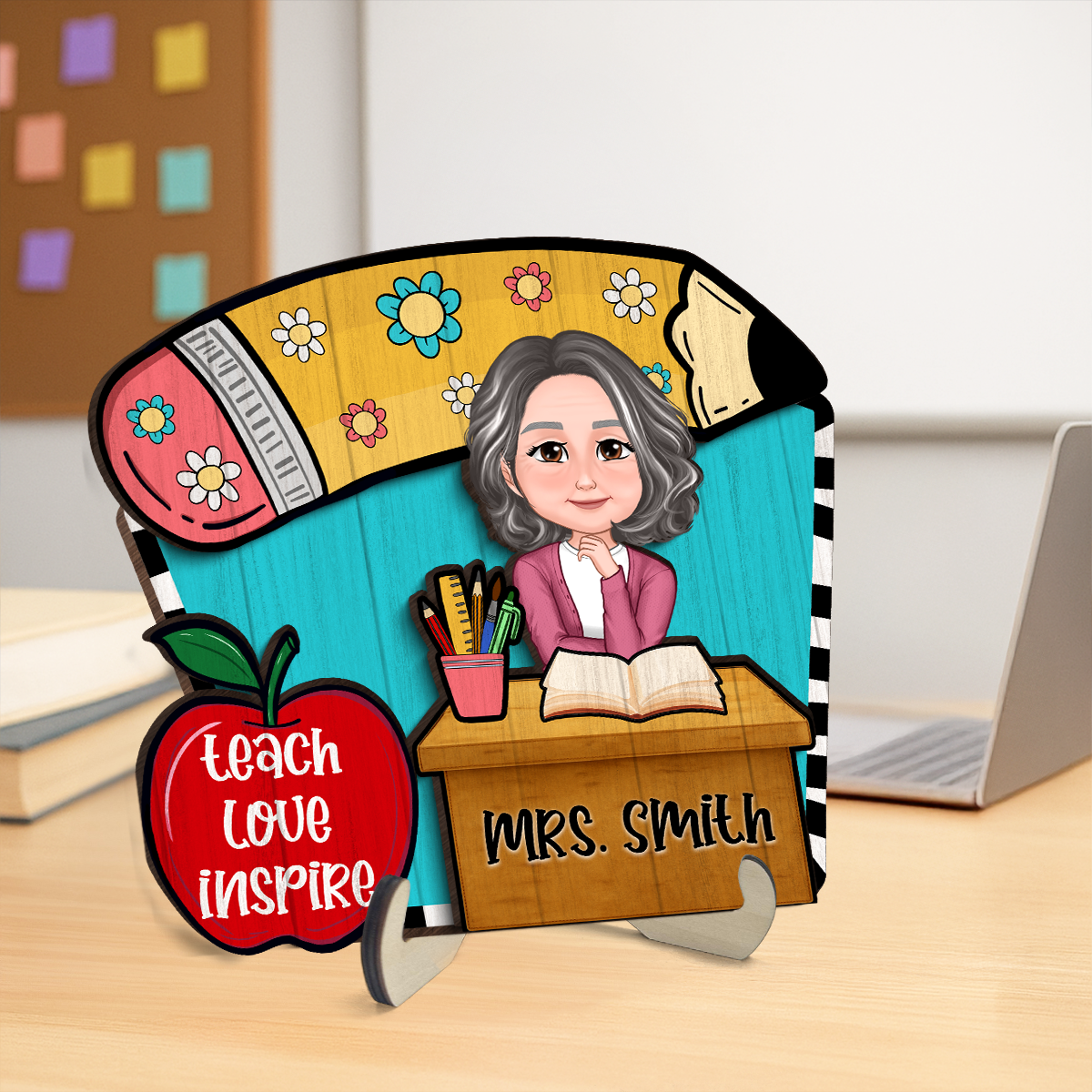 Doll Teacher Sitting At Table Personalized 2-Layer Wooden Plaque, Back to school gift