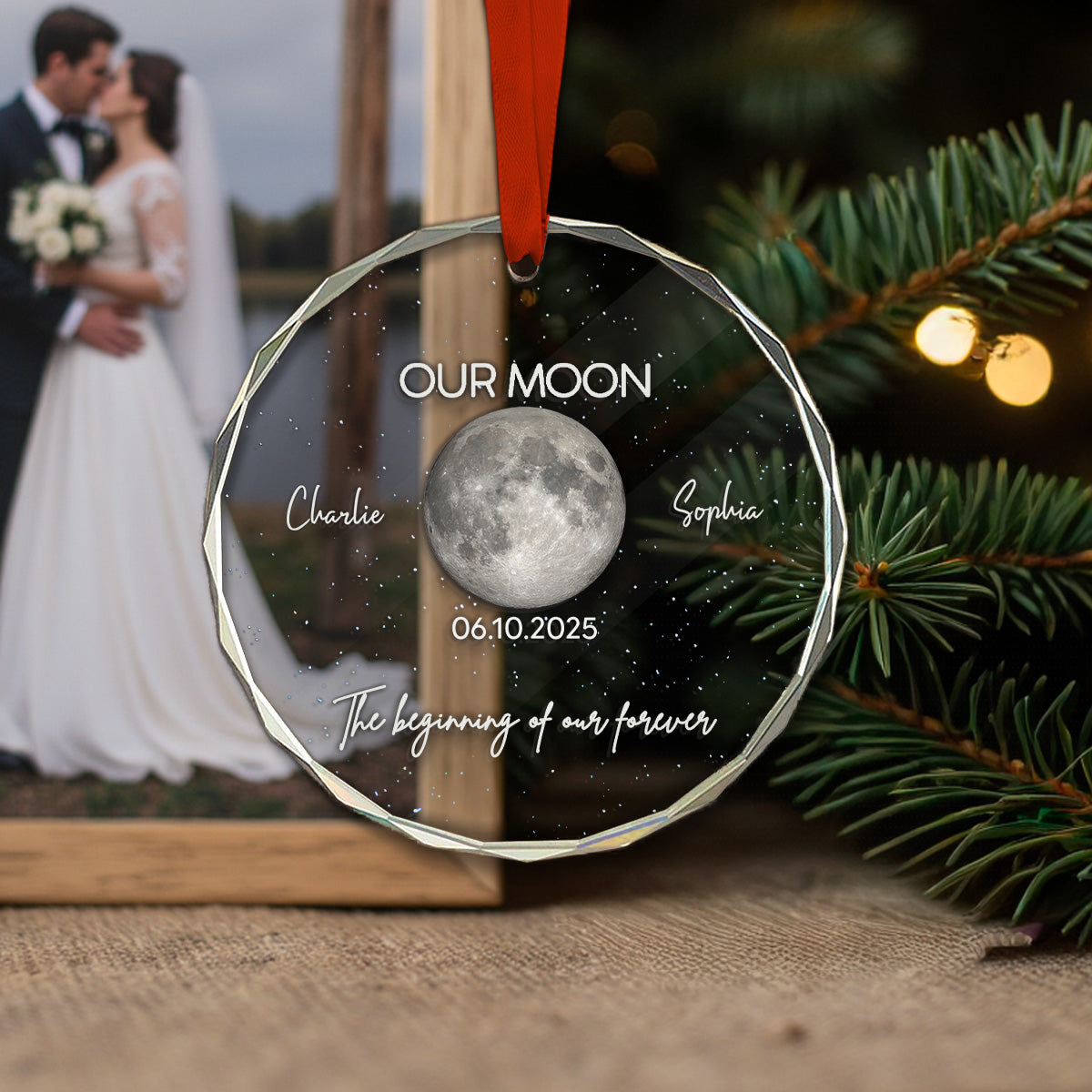 Moon Phase Couple The Beginning Of Our Forever - Personalized Glass Ornament - Gift For Couple