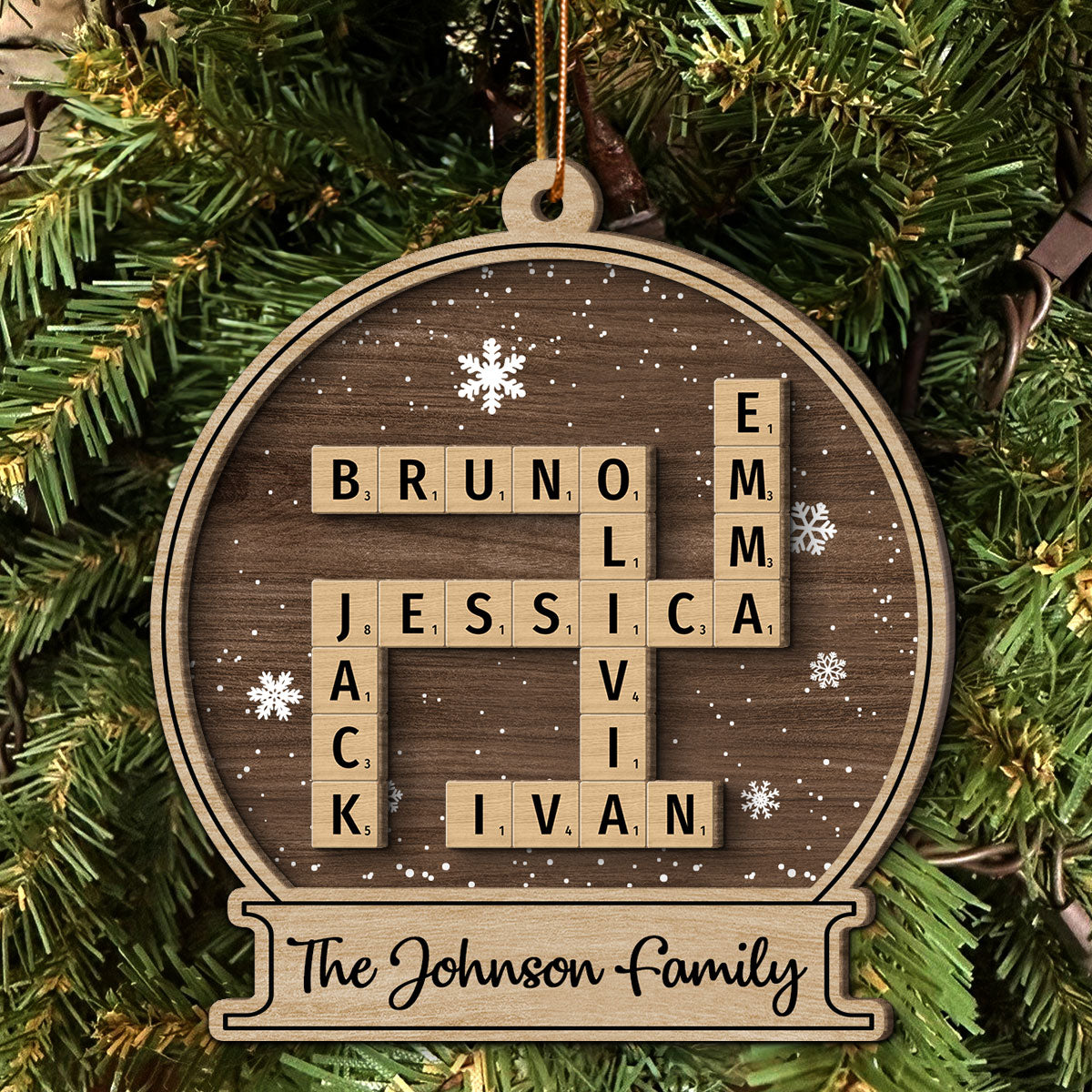 Family Names In Snow Globe Crossword Puzzle Art Personalized 2-Layer Wooden Ornament, Christmas Decor, Christmas Gift For Families
