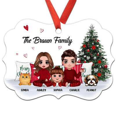 Family Dogs Cats Sitting Beside Christmas Tree Personalized Christmas Ornament