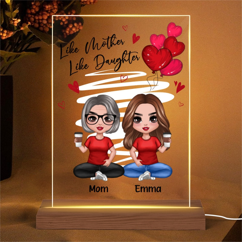Red Hearts Like Mother Like Daughters Doll Mom And Daughters Sitting Personalized Heart Acrylic Plaque LED Night Light