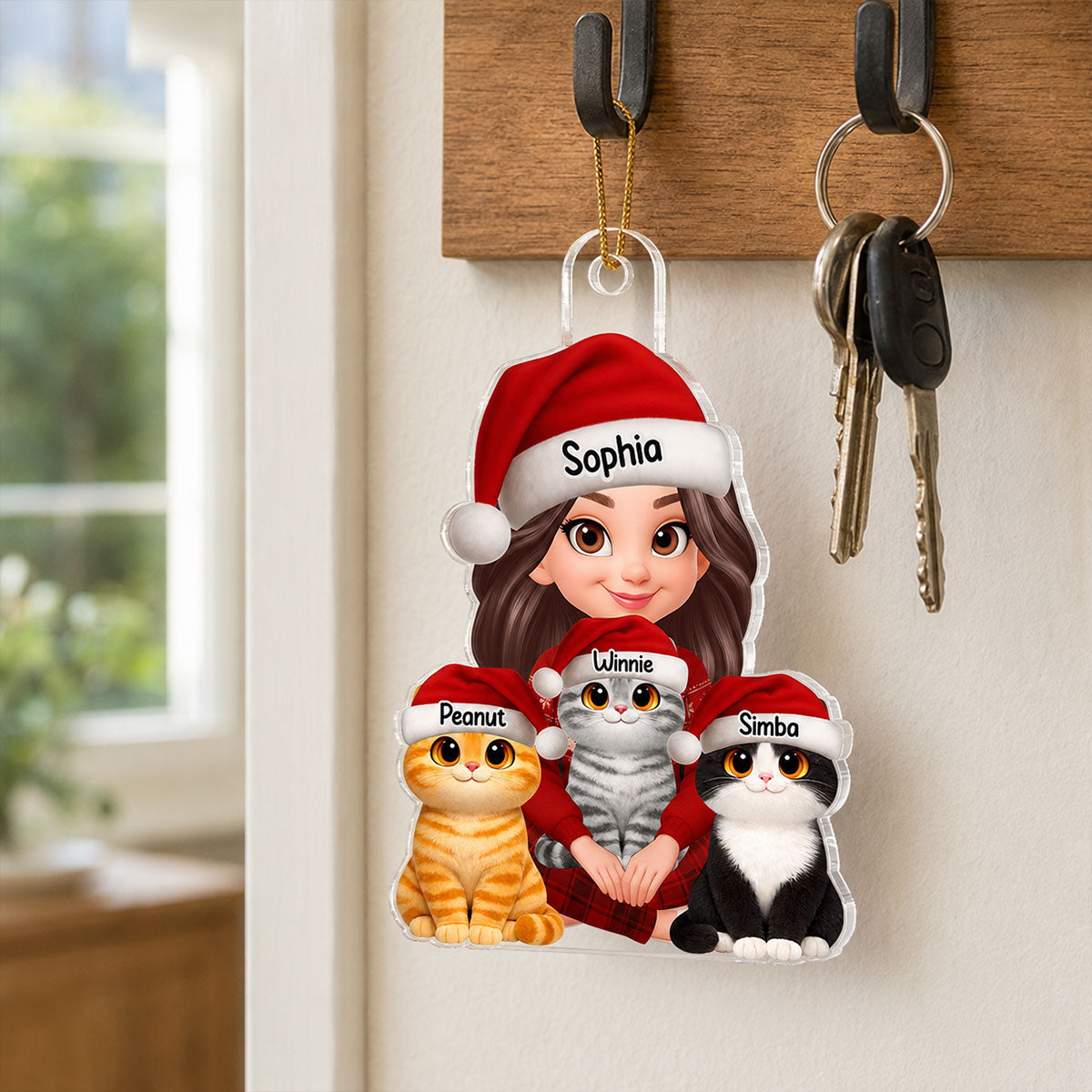A Girl Sitting With Her Cats 2D Flat - Personalized Acrylic Ornament - Gift For Cat Lover, Gift For New Pet Owner