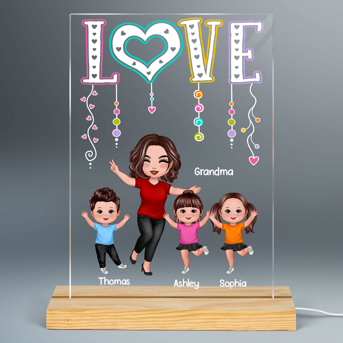 LOVE Happy Doll Grandma Mom With Kids Personalized 7 Colors Plaque LED Night Light