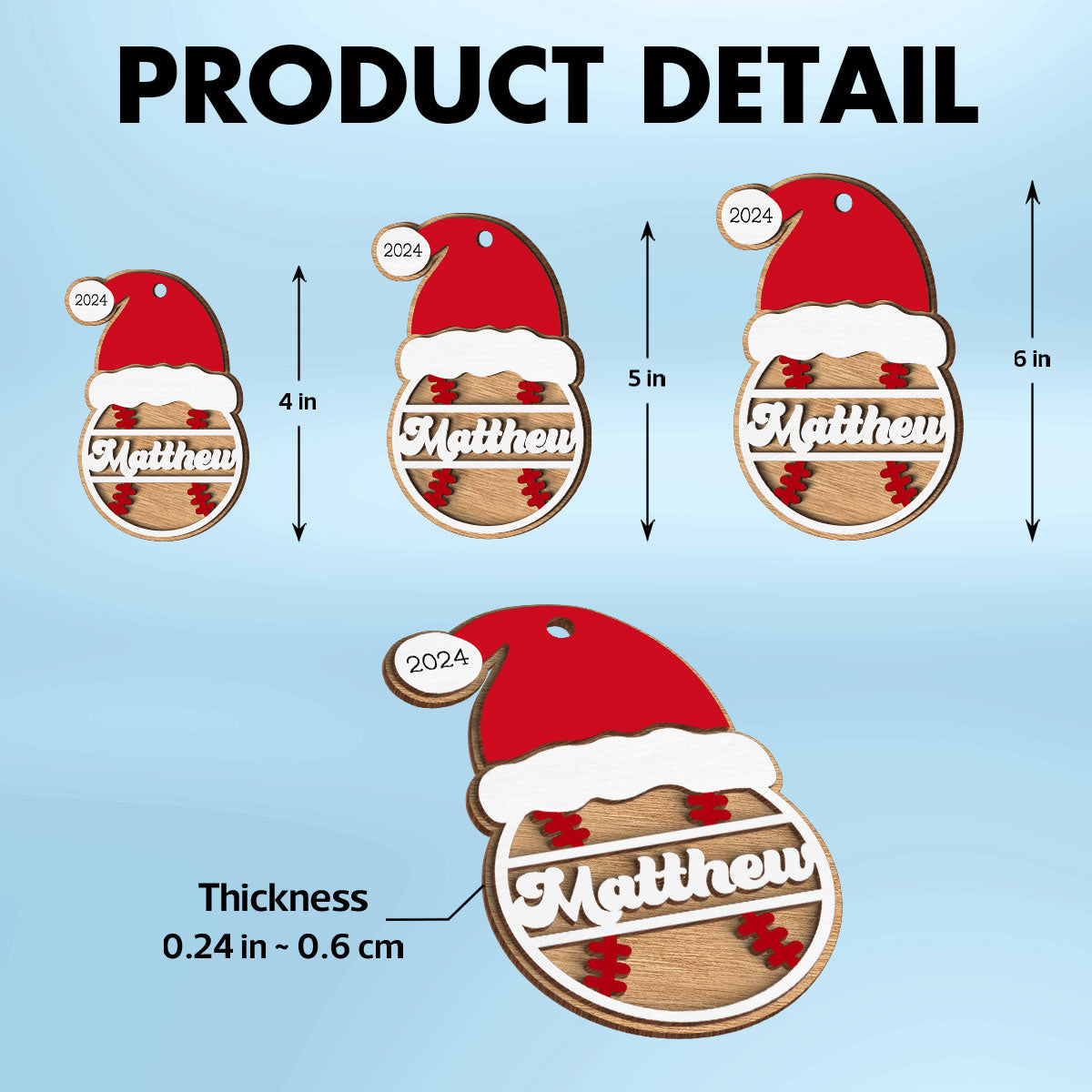 Sports Santa Hat With Name 2-Layered Wooden Ornament, Personalized Football Baseball Volleyball Basketball Soccer Ornament, Unique Christmas Gift For Kids