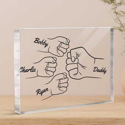 Dad Grandpa And Kids Hands Fist Bump Outline Personalized Rectangle Acrylic Block Plaque