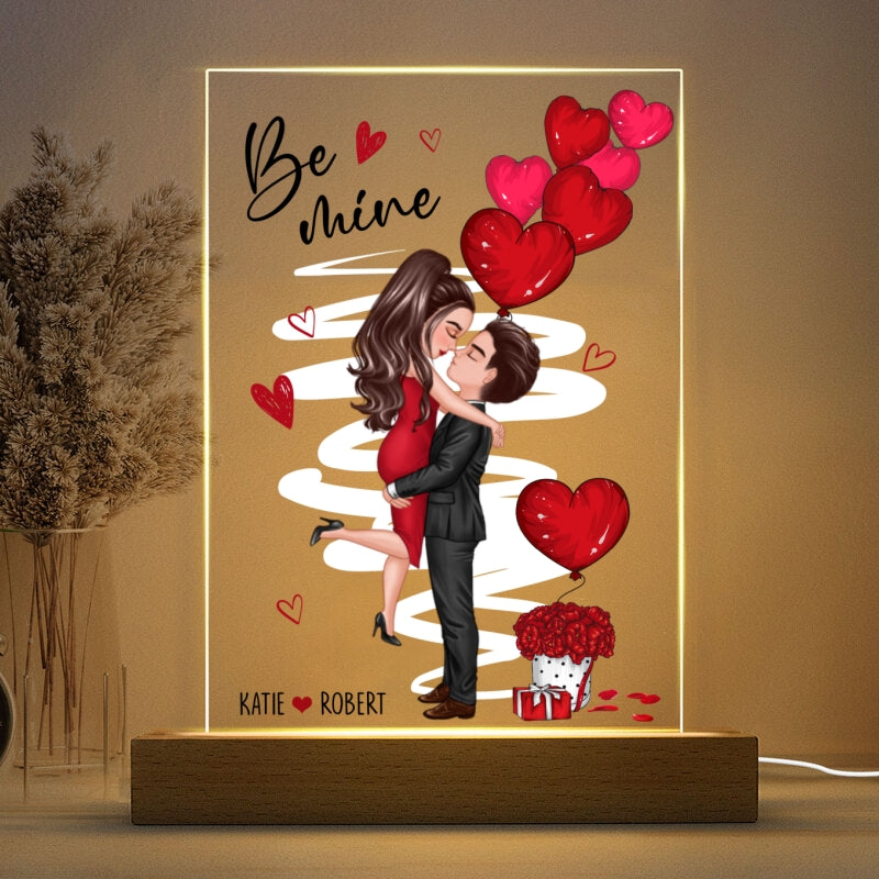 Be Mine Doll Couple Kissing - Personalized Acrylic Block Plaque LED Night Light - Anniversary Gift For Him, Gift For Her