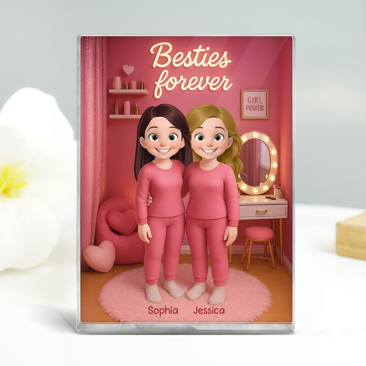 3D Effect Besties Pink Tone Dream Dollhouse Personalized Flat Rectangle Acrylic Block Plaque