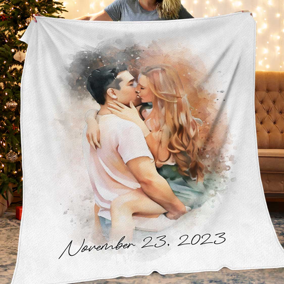 Watercolor Couple Portrait from Photo, Custom Wedding Anniversary Christmas Gift for Wife Husband Parents, Personalized Fleece Blanket