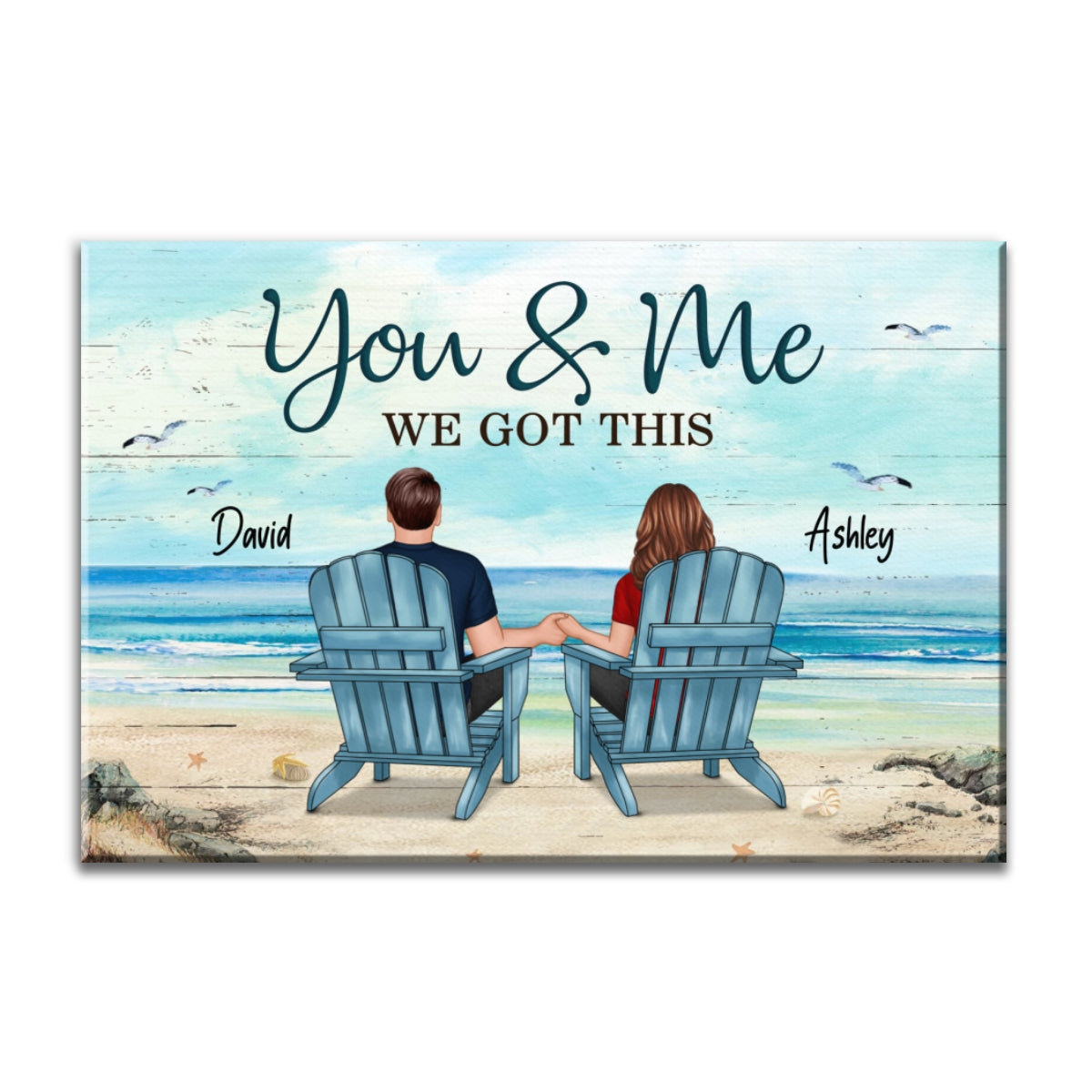 Back View Couple Sitting Beach Landscape Personalized Canvas Print