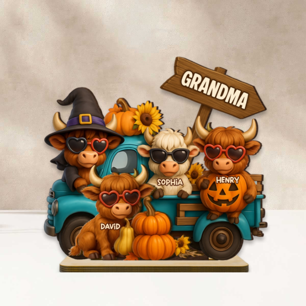 Mom Grandma Highland Cow on Truck Personalized Standing Wooden Plaque, Cozy Fall Vibe Halloween Decor for Mom, Grandma