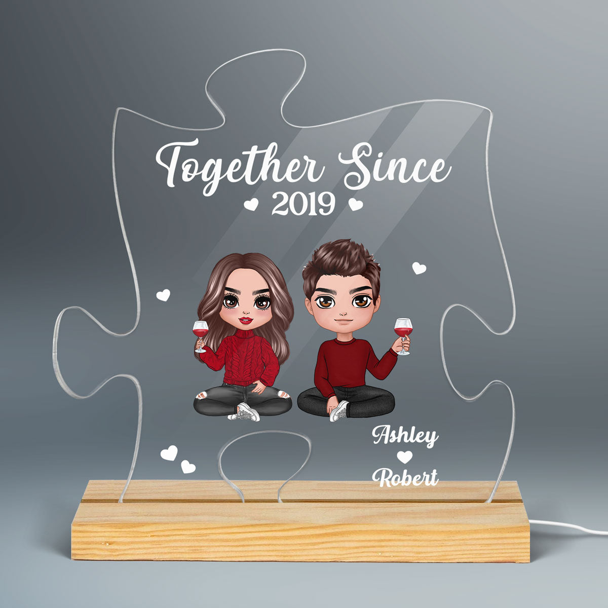 Doll Couple You‘re The Missing Piece Puzzle Shaped Personalized Custom Shape Acrylic Plaque With LED Night Light - Gift For Him - Gift For Her