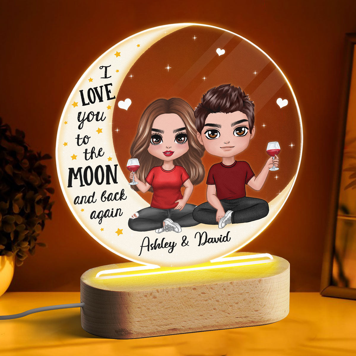 Love You To The Moon Doll Couple On Moon Personalized Circle Acrylic Plaque With LED Night Light - Valentine‘s Day Gift - Anniversary Gift For Her - Gift For Him